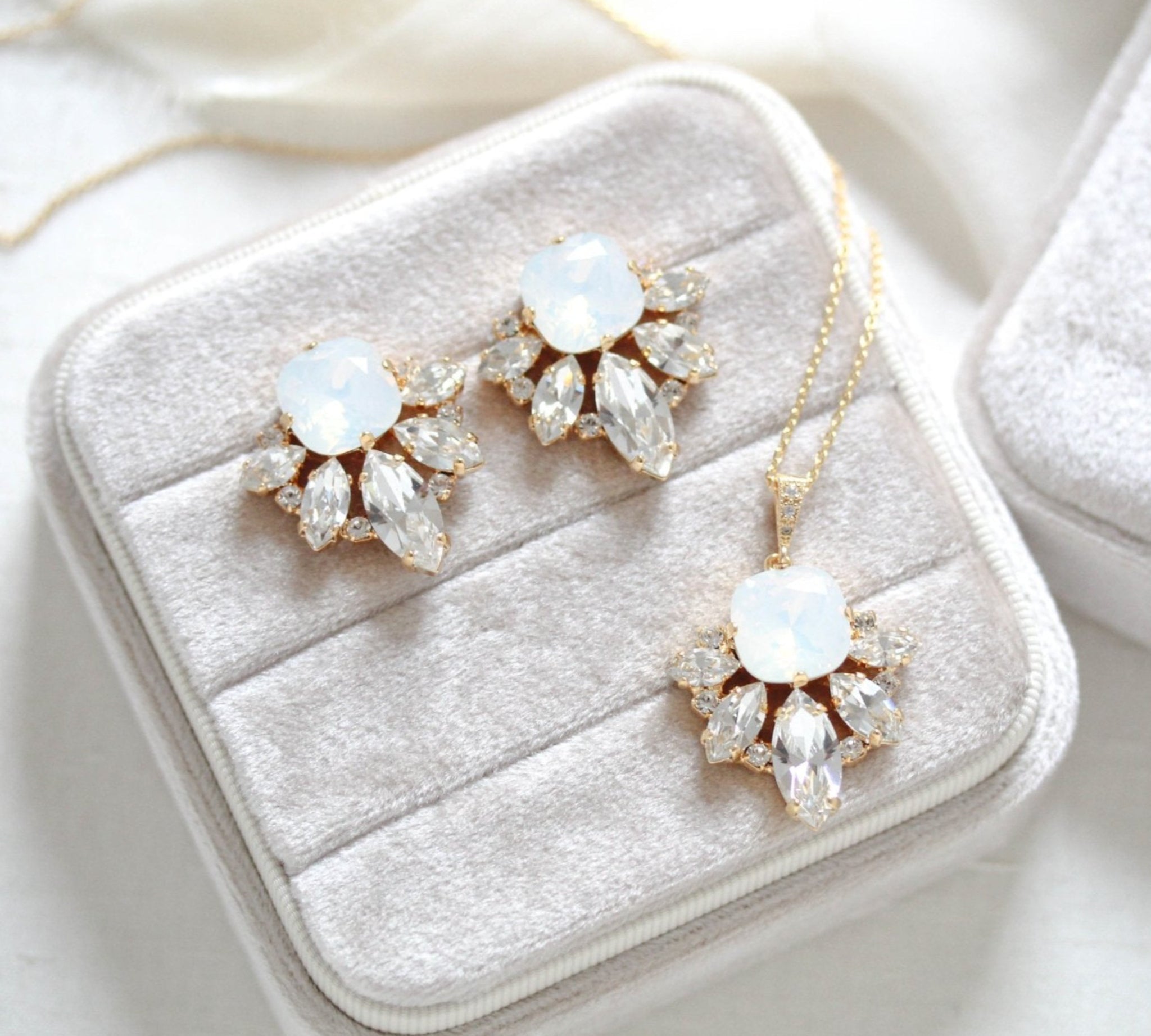 Gold crystal stud earrings and necklace set with white opal Swarovski crystal center stone - Treasures by Agnes
