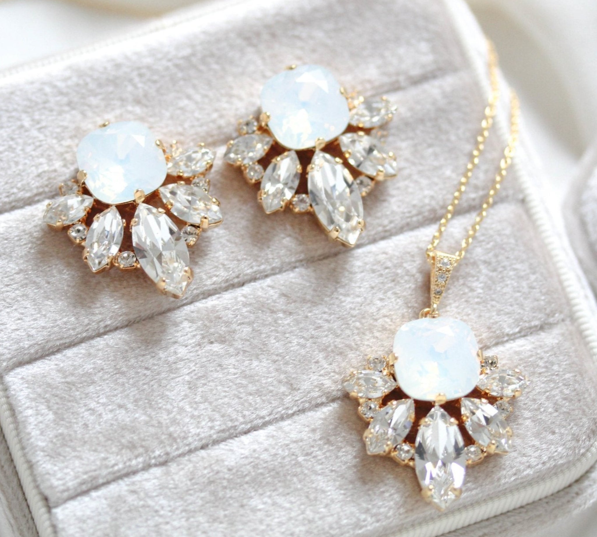 Gold crystal stud earrings and necklace set with white opal Swarovski crystal center stone - Treasures by Agnes