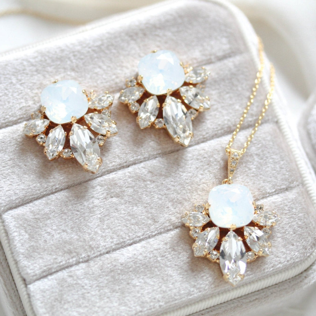 Gold crystal stud earrings and necklace set with white opal Swarovski crystal center stone - Treasures by Agnes