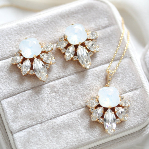 Gold crystal stud earrings and necklace set with white opal Swarovski crystal center stone - Treasures by Agnes