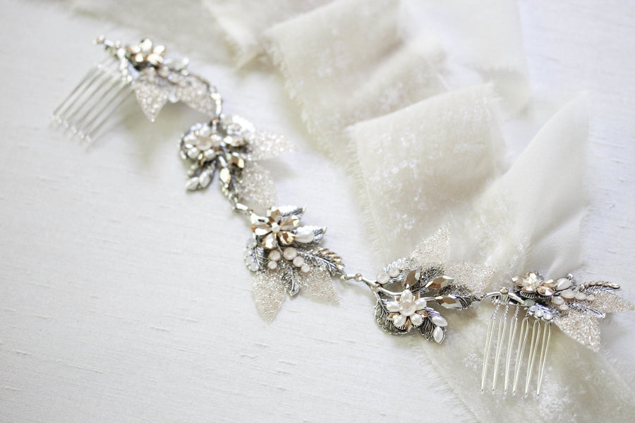 Antique silver leaf hair vine with Swarovski crystals and pearls - Treasures by Agnes