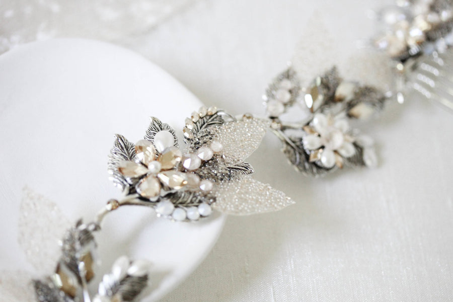 Antique silver leaf hair vine with Swarovski crystals and pearls - Treasures by Agnes