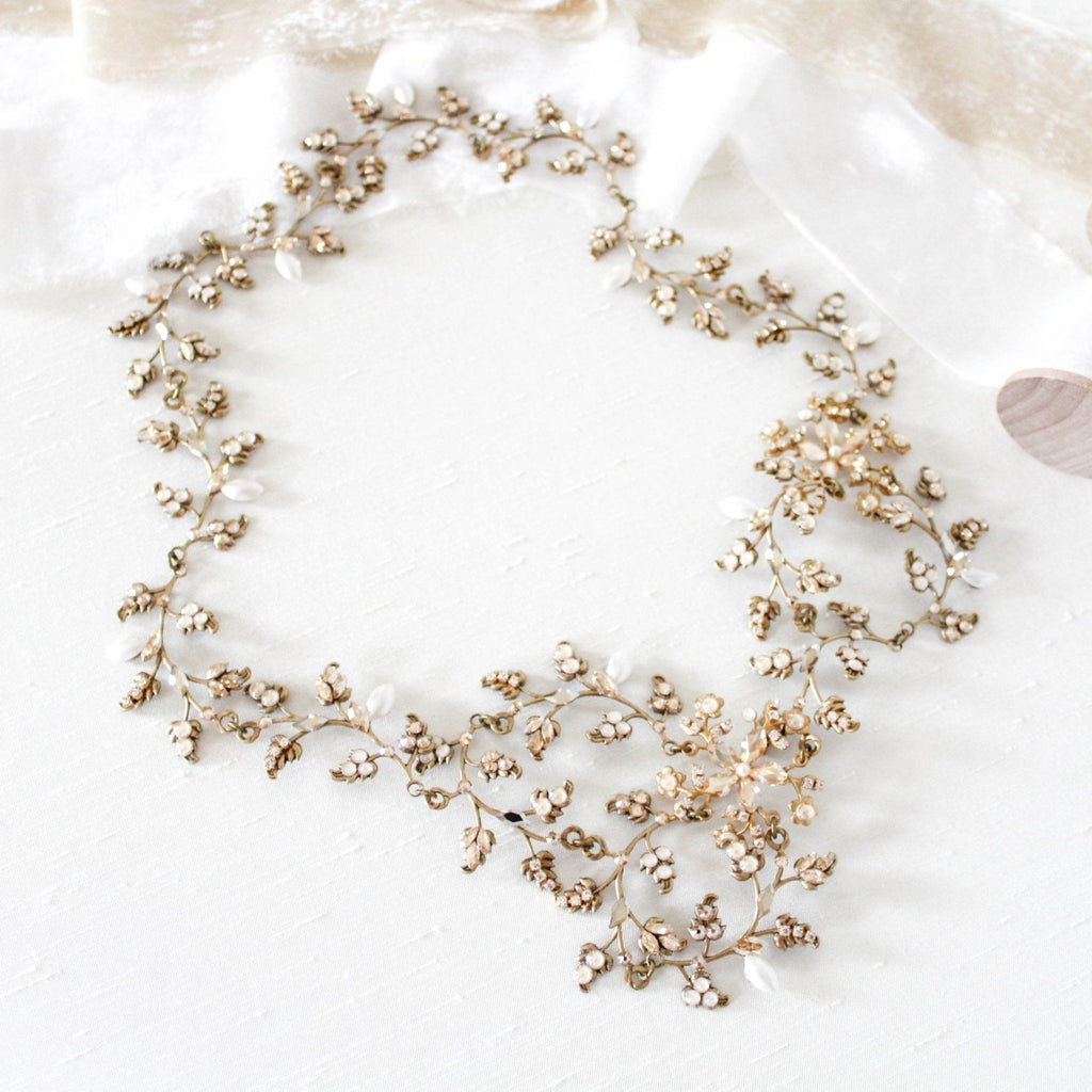 antique gold leaf hair piece for wedding with Swarovski crystals and pearls - Treasures by Agnes