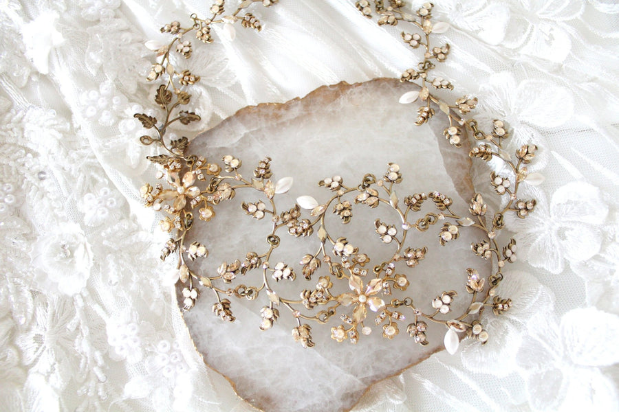 antique gold leaf hair piece for wedding with Swarovski crystals and pearls - Treasures by Agnes