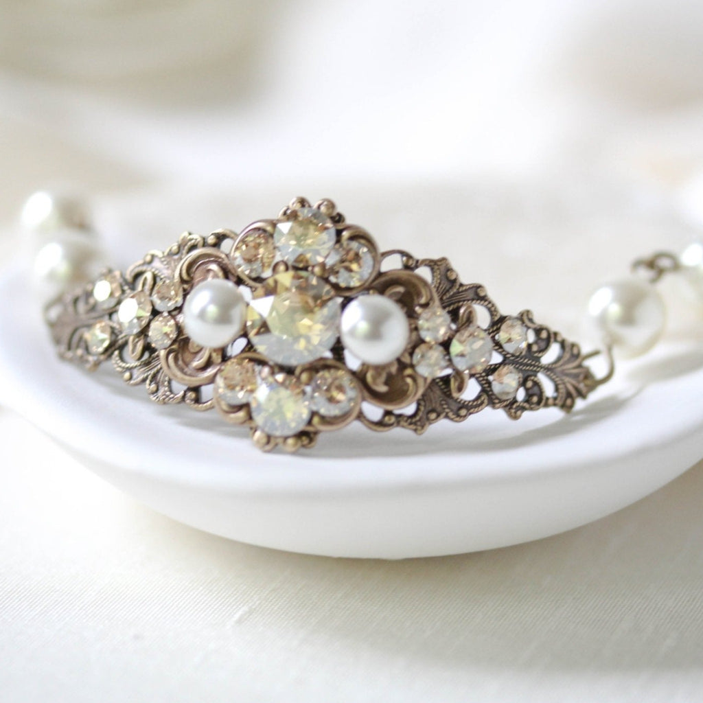 Antique gold Bridal bracelet Vintage Style crystal bracelet - ASHLYN - Treasures by Agnes