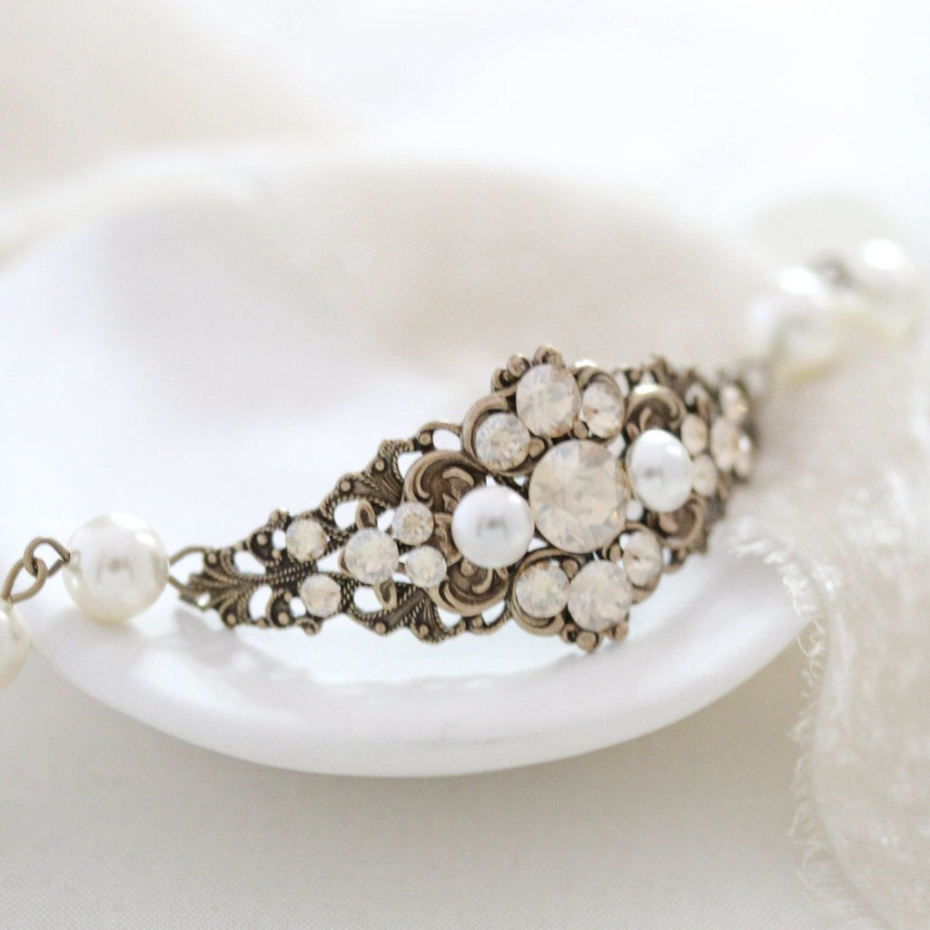 Antique gold Bridal bracelet Vintage Style crystal bracelet - ASHLYN - Treasures by Agnes