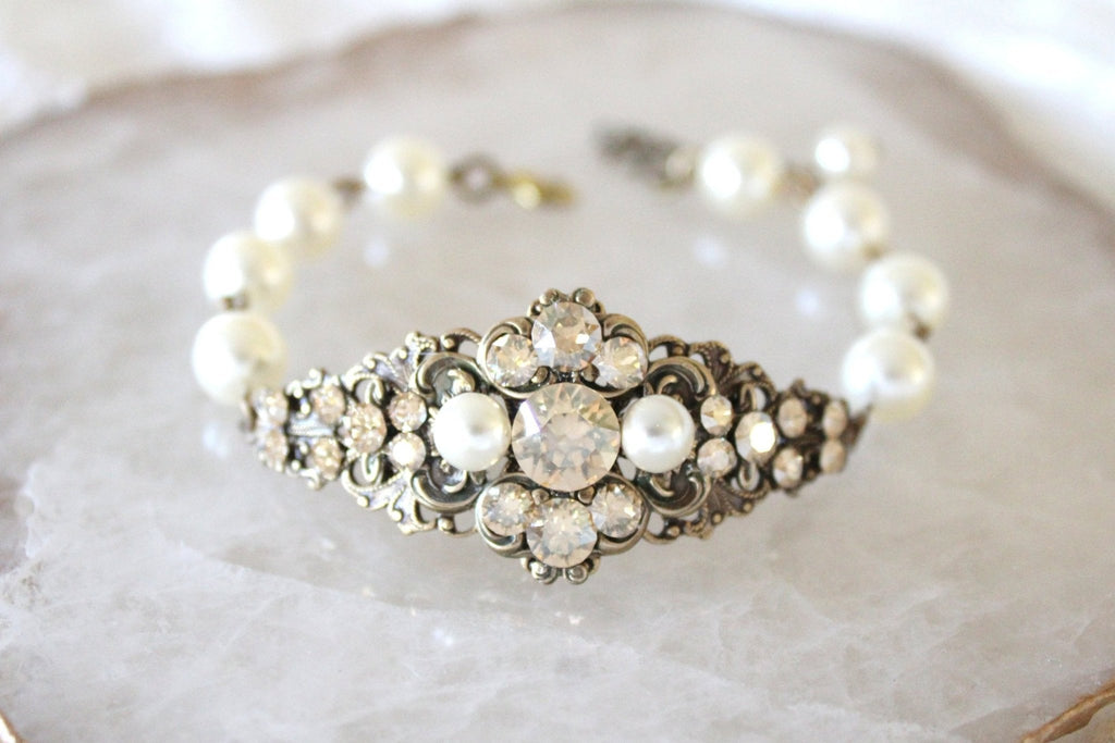 Antique gold Bridal bracelet Vintage Style crystal bracelet - ASHLYN - Treasures by Agnes
