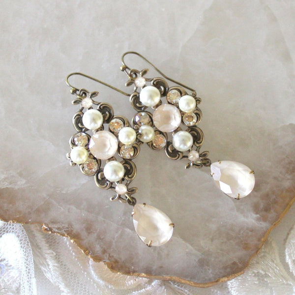 Antique gold Bridal dangle earrings with Ivory cream crystals - ASHLYN - Treasures by Agnes