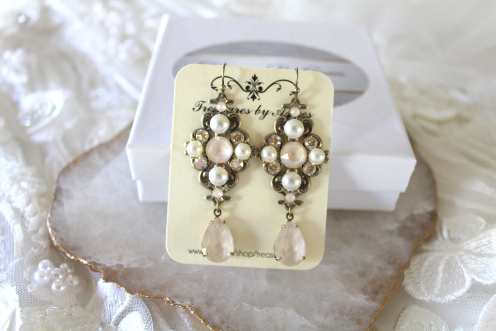 Antique gold Bridal dangle earrings with Ivory cream crystals - ASHLYN - Treasures by Agnes