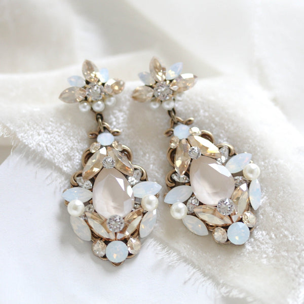 Antique gold Bridal earrings with Premium crystals and pearls - BLAKELY - Treasures by Agnes