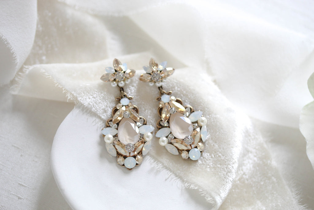 Antique gold Bridal earrings with Premium crystals and pearls - BLAKELY - Treasures by Agnes