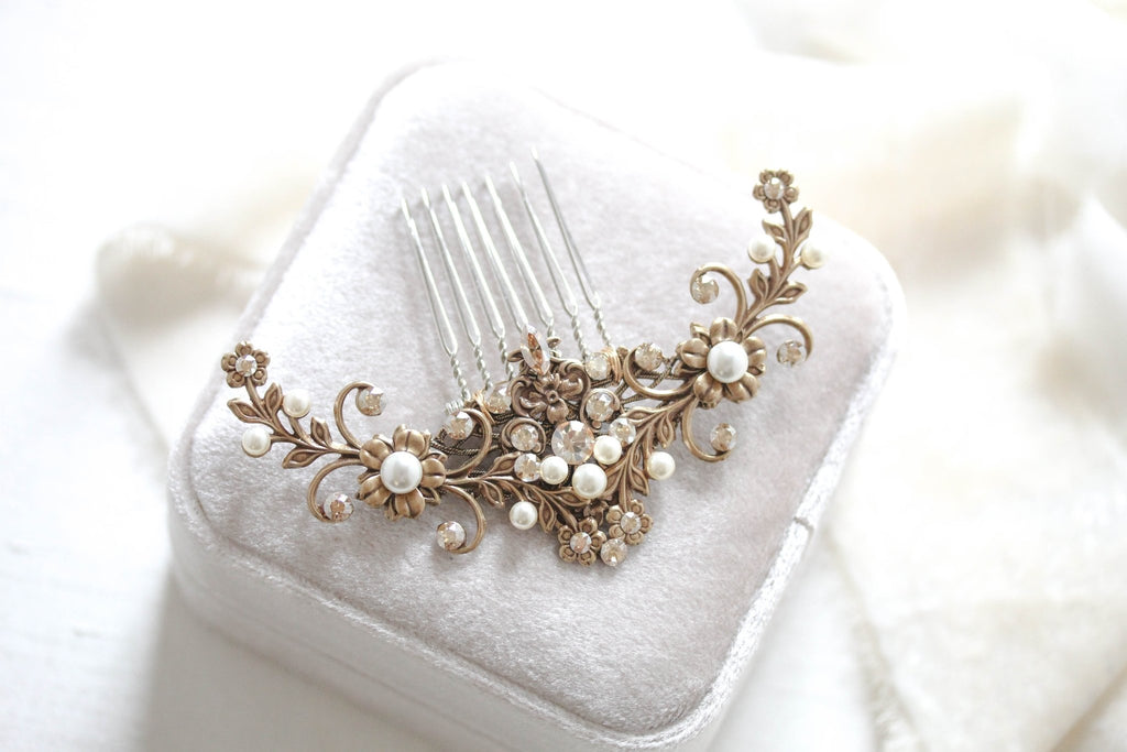 Antique gold Bridal hair comb with gold crystals and pearls - ASHLYN - Treasures by Agnes