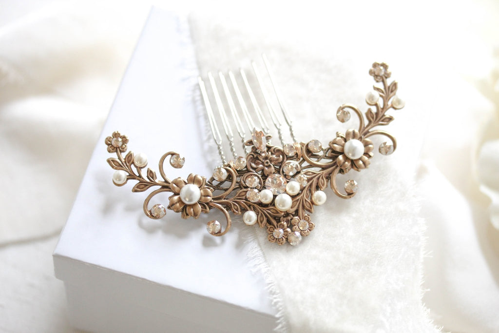 Antique gold Bridal hair comb with gold crystals and pearls - ASHLYN - Treasures by Agnes