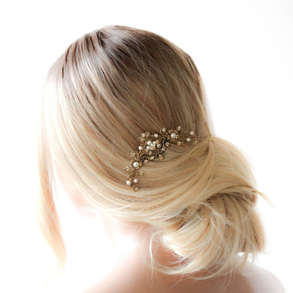 Antique gold Bridal hair comb with gold crystals and pearls - ASHLYN - Treasures by Agnes