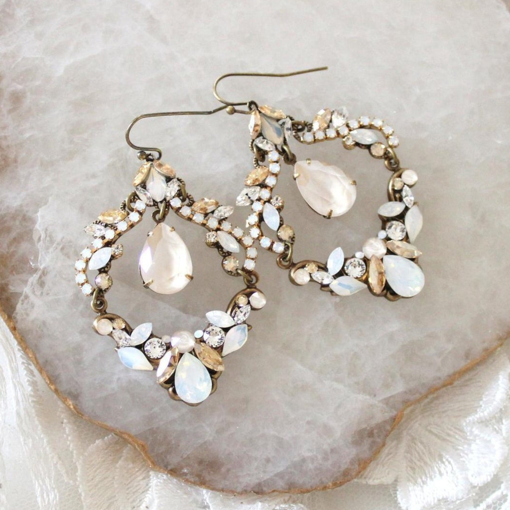 Antique gold Bridal Statement Chandelier earrings with Austrian crystals - CHARLOTTE - Treasures by Agnes