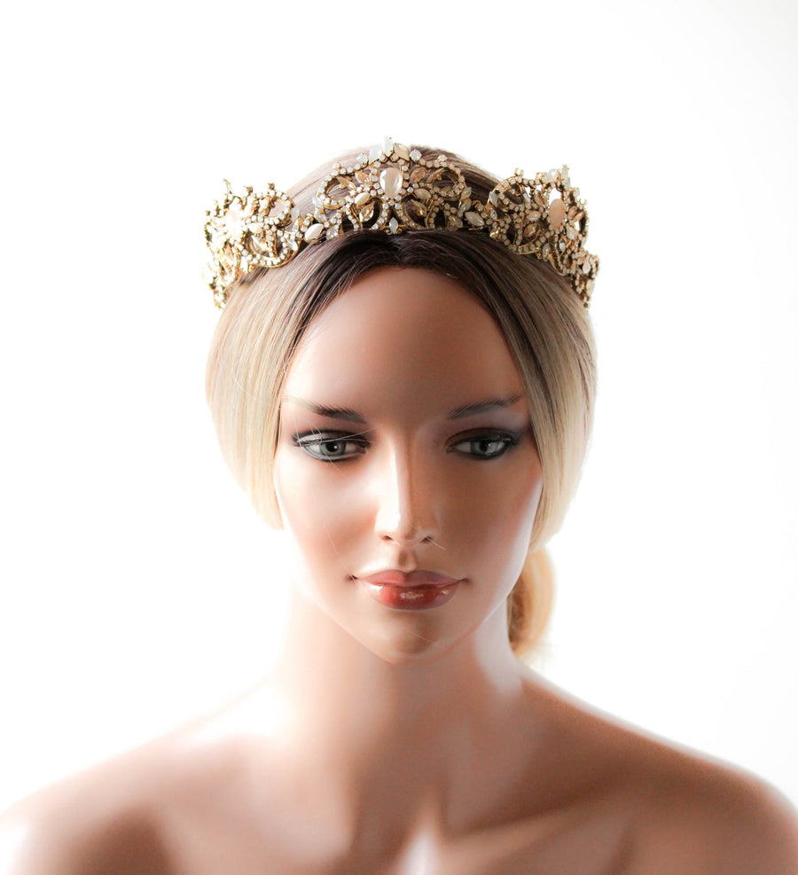 Antique gold Bridal tiara crown with Austrian crystals and pearls - CELESTE - Treasures by Agnes