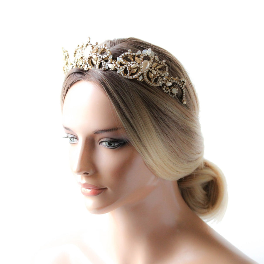 Antique gold Bridal tiara crown with Austrian crystals and pearls - CELESTE - Treasures by Agnes