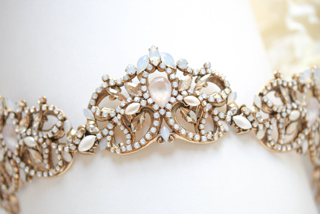 Antique gold Bridal tiara crown with Austrian crystals and pearls - CELESTE - Treasures by Agnes