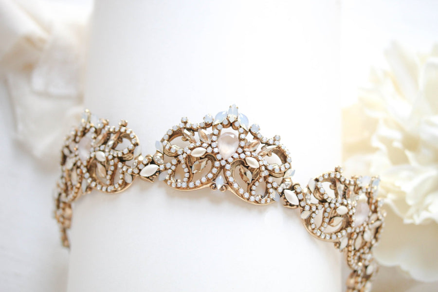 Antique gold Bridal tiara crown with Austrian crystals and pearls - CELESTE - Treasures by Agnes