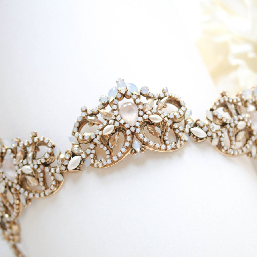 Antique gold Bridal tiara crown with Austrian crystals and pearls - CELESTE - Treasures by Agnes