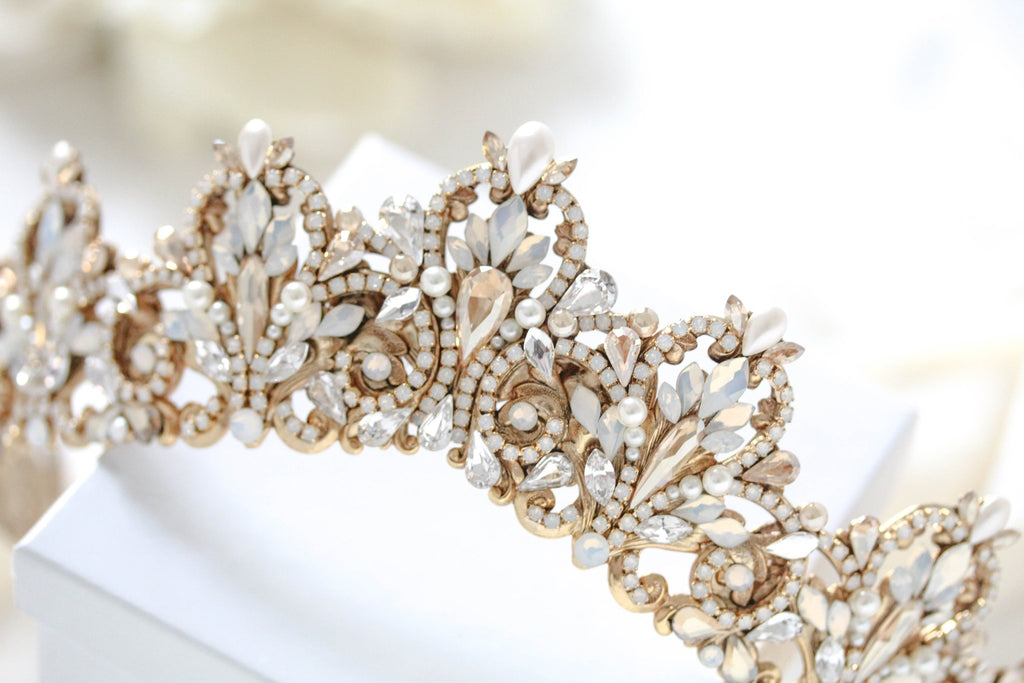 Antique Gold Bridal tiara with Austrian crystals and pearls - ASHTON - Treasures by Agnes