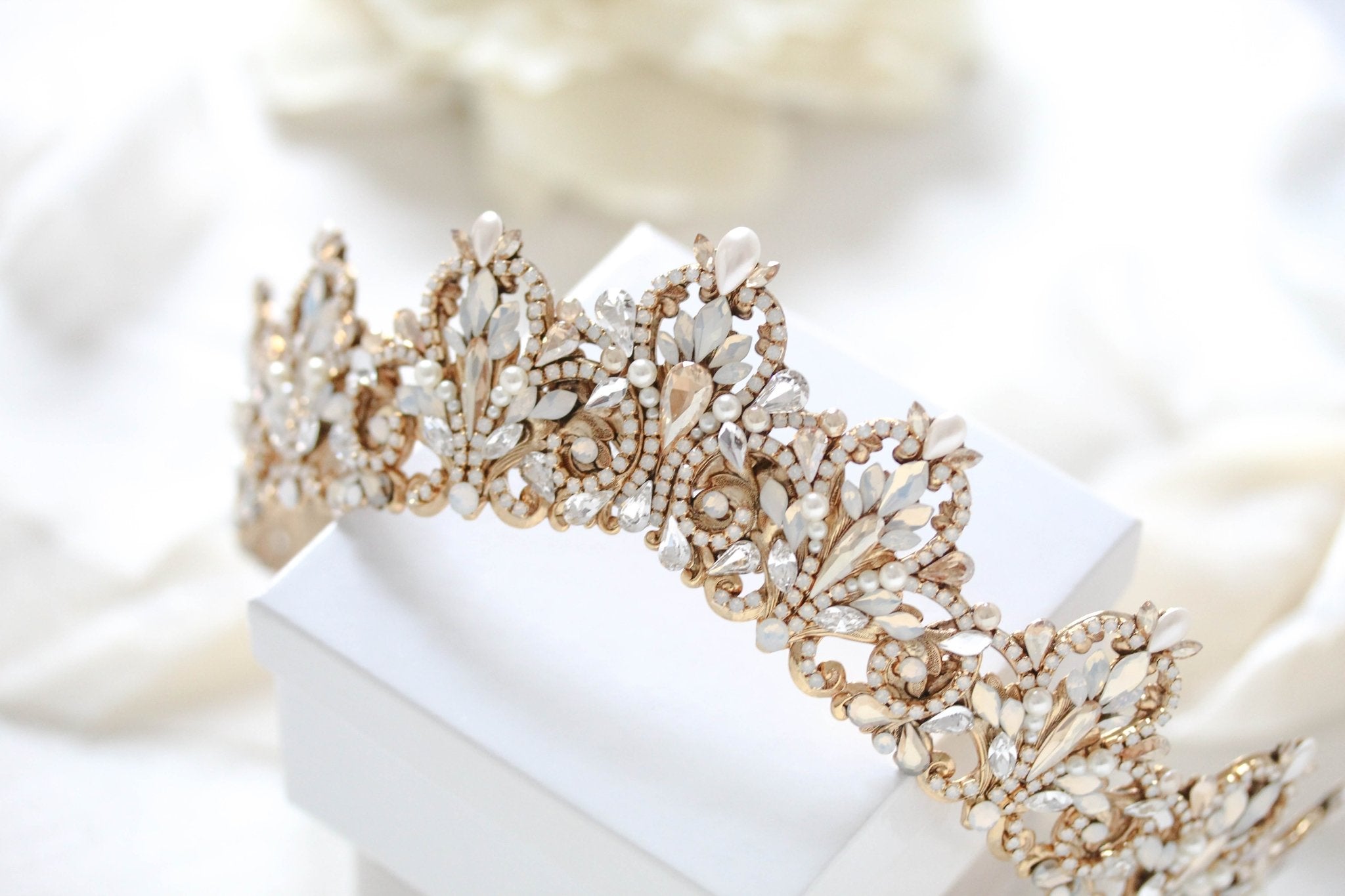 Antique Gold Bridal tiara with Austrian crystals and pearls - ASHTON - Treasures by Agnes
