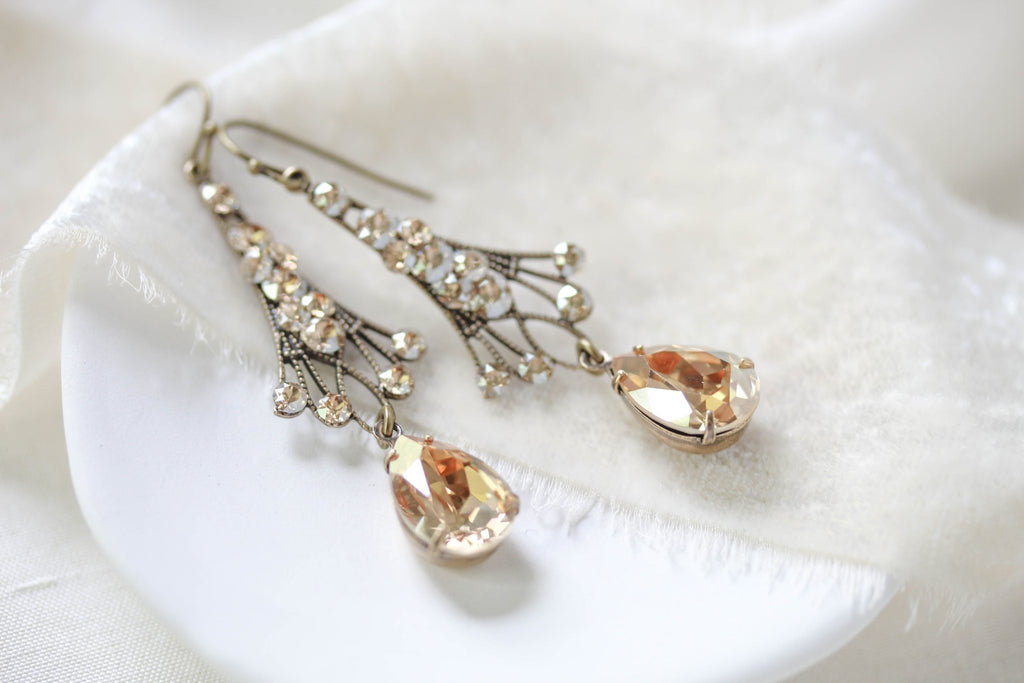 Antique gold Chandelier Bridal earrings with Premium European Golden crystals - Treasures by Agnes