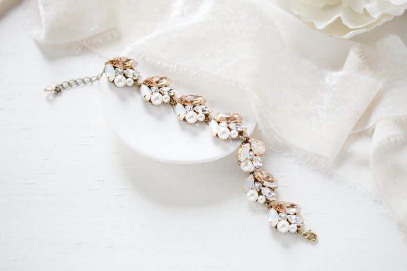 Antique gold crystal and pearl bridal bracelet - BRIAR - Treasures by Agnes