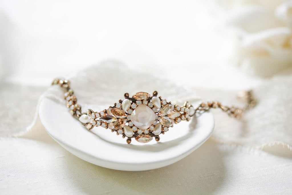 Antique gold crystal Bridal cuff bracelet - ANNA - Treasures by Agnes