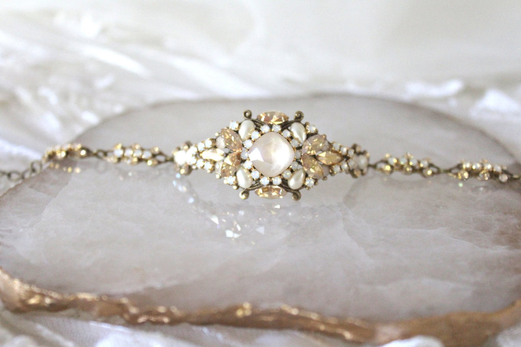 Antique gold crystal Bridal cuff bracelet - ANNA - Treasures by Agnes