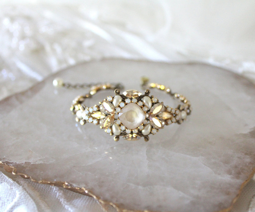 Antique gold crystal Bridal cuff bracelet - ANNA - Treasures by Agnes