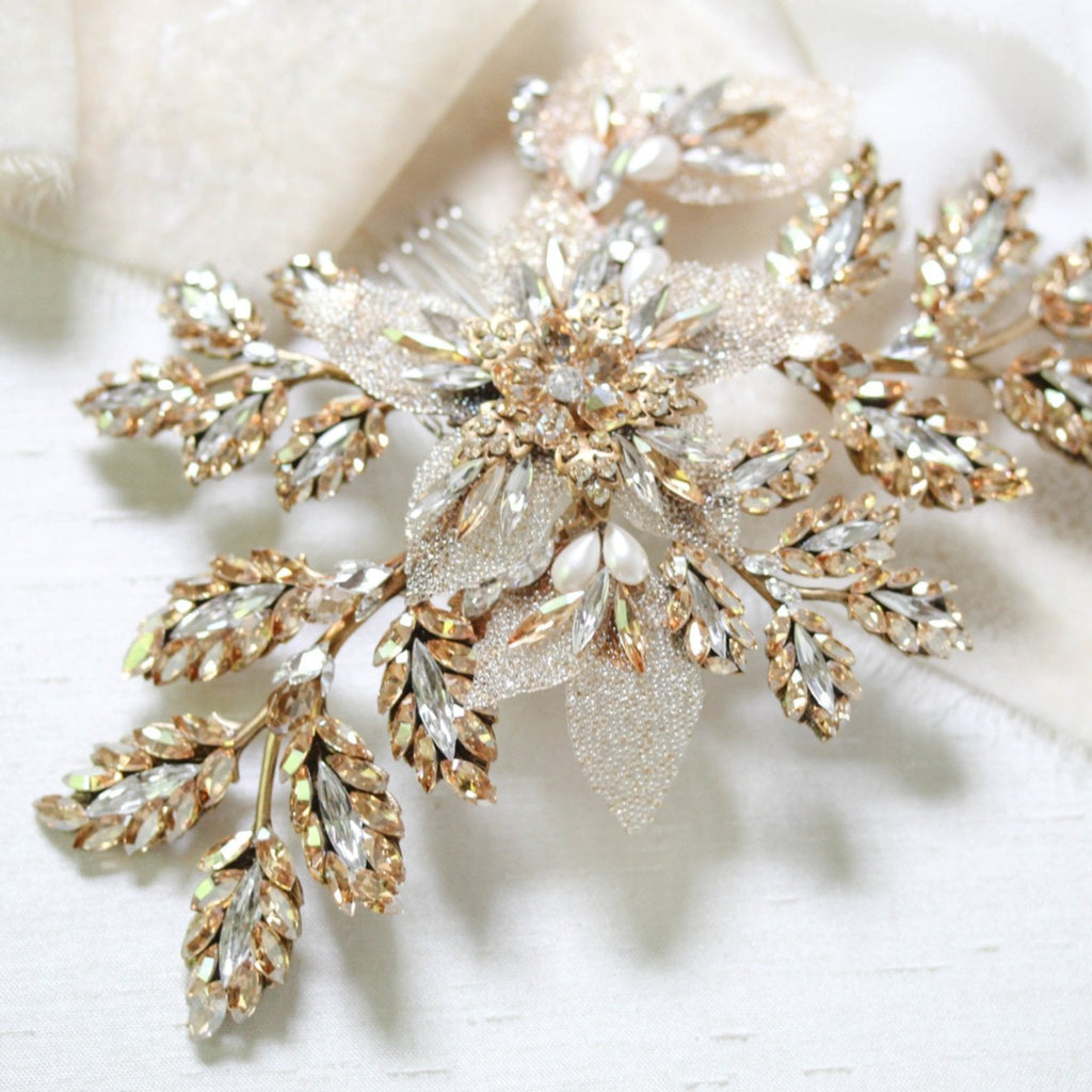 Antique gold crystal Bridal hair comb headpiece - GABRIELLA - Treasures by Agnes