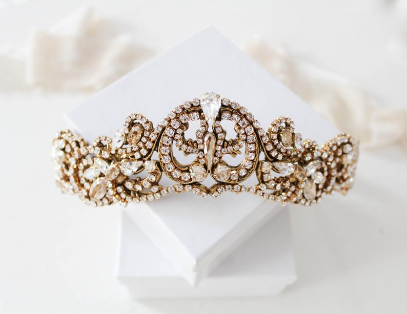 Antique gold crystal Bridal tiara crown - CHANDRA - Treasures by Agnes