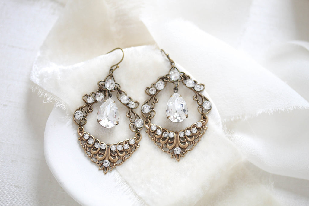 Antique gold Crystal Chandelier Bridal earrings - Treasures by Agnes