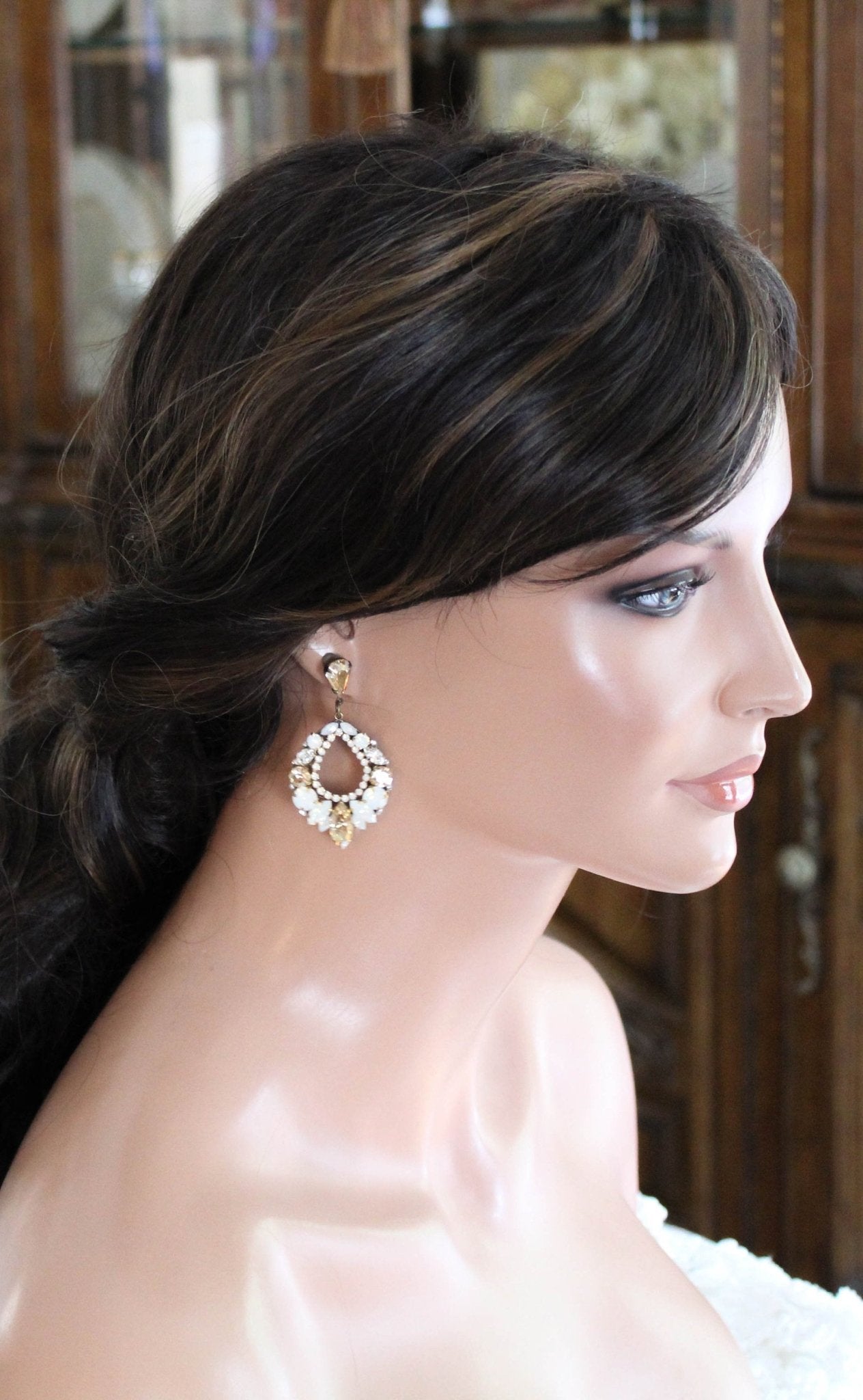 Antique gold crystal hoop earrings for Bride- QUINN - Treasures by Agnes