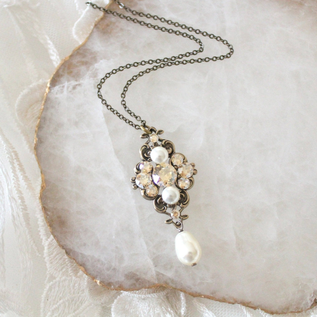 Antique gold crystal pendant necklace for Bride or Bridesmaid - ASHLYN - Treasures by Agnes