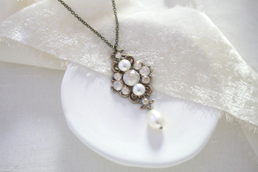 Antique gold crystal pendant necklace for Bride or Bridesmaid - ASHLYN - Treasures by Agnes