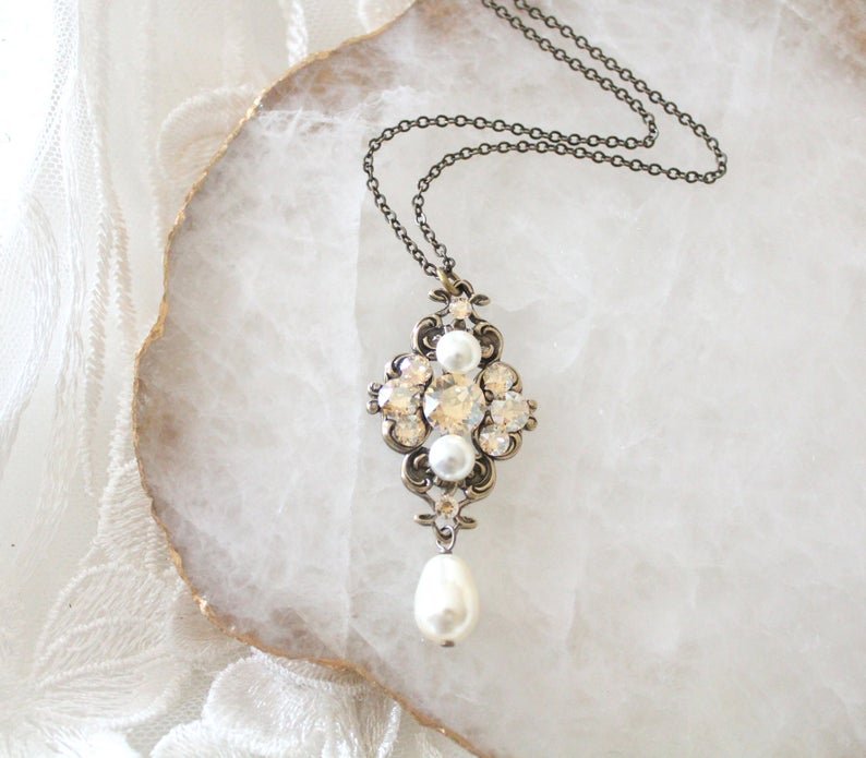 Antique gold crystal pendant necklace for Bride or Bridesmaid - ASHLYN - Treasures by Agnes