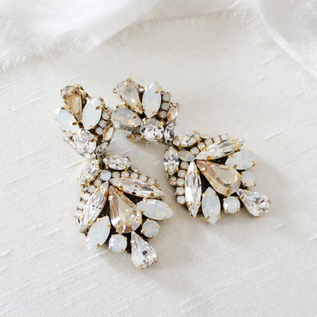 Antique gold crystal statement bridal earrings in vintage inspired style - Kendall - Treasures by Agnes