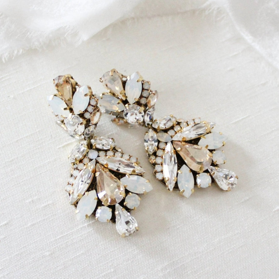 Antique gold crystal statement bridal earrings in vintage inspired style - Kendall - Treasures by Agnes