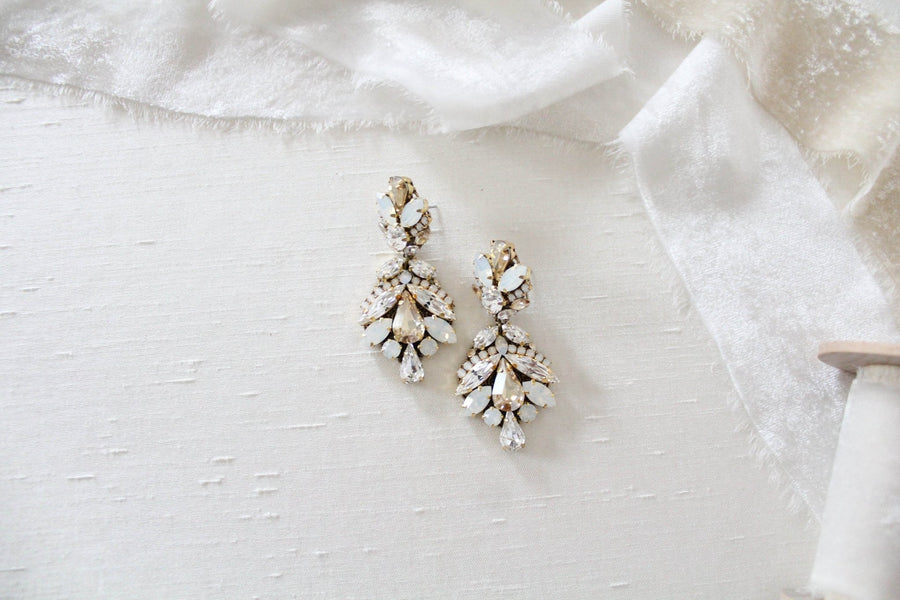 Antique gold crystal statement bridal earrings in vintage inspired style - Kendall - Treasures by Agnes