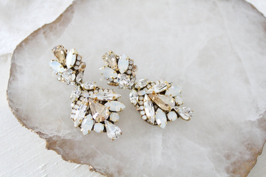 Antique gold crystal statement bridal earrings in vintage inspired style - Kendall - Treasures by Agnes