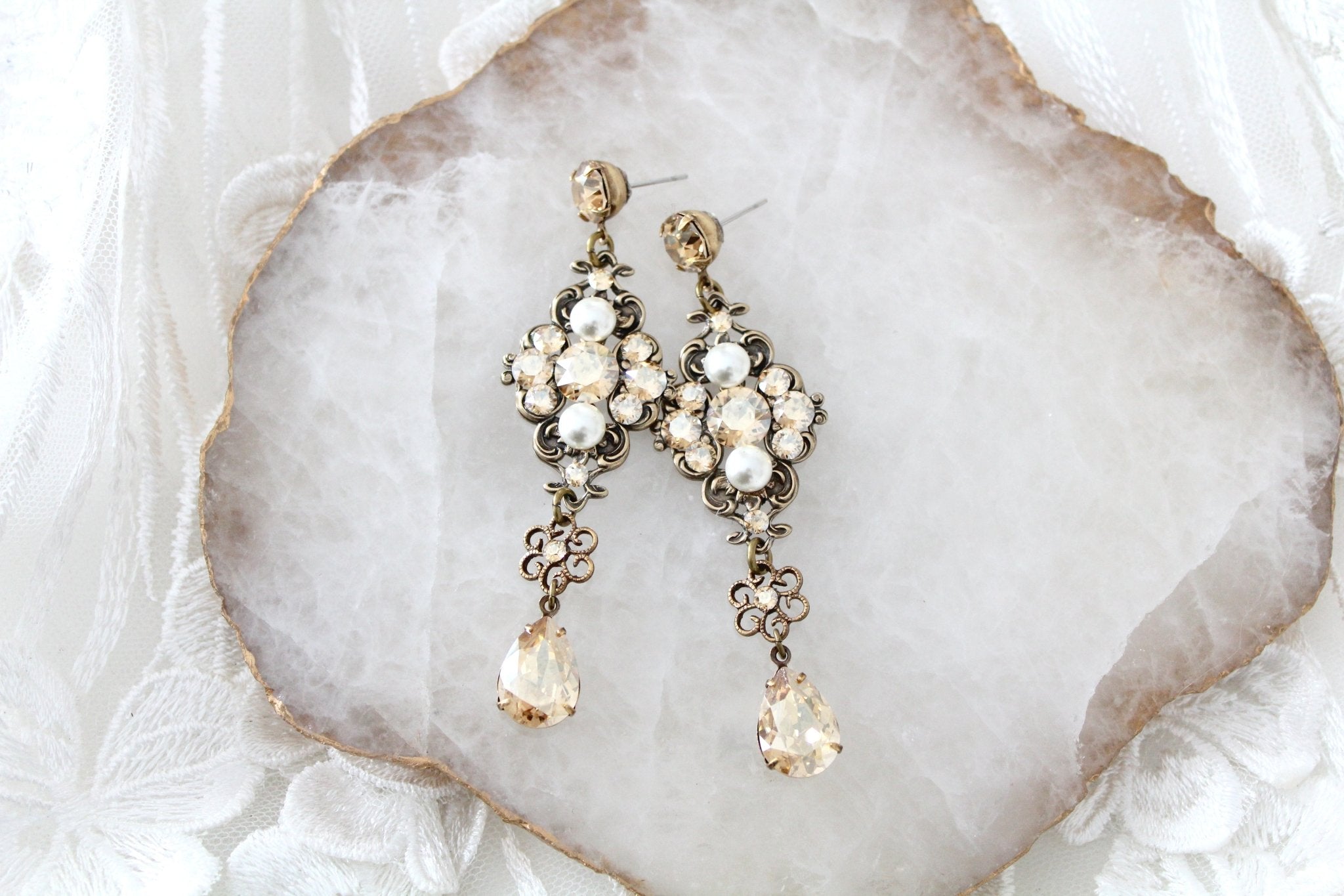 Antique gold crystal statement earrings - ASHLYN - Treasures by Agnes