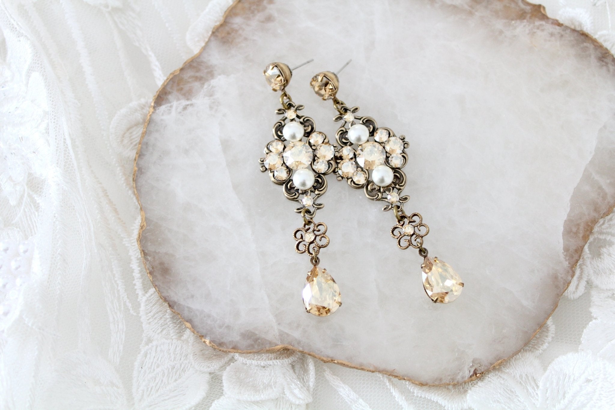 Antique gold crystal statement earrings - ASHLYN - Treasures by Agnes