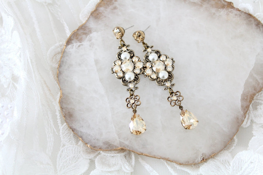 Antique gold crystal statement earrings - ASHLYN - Treasures by Agnes