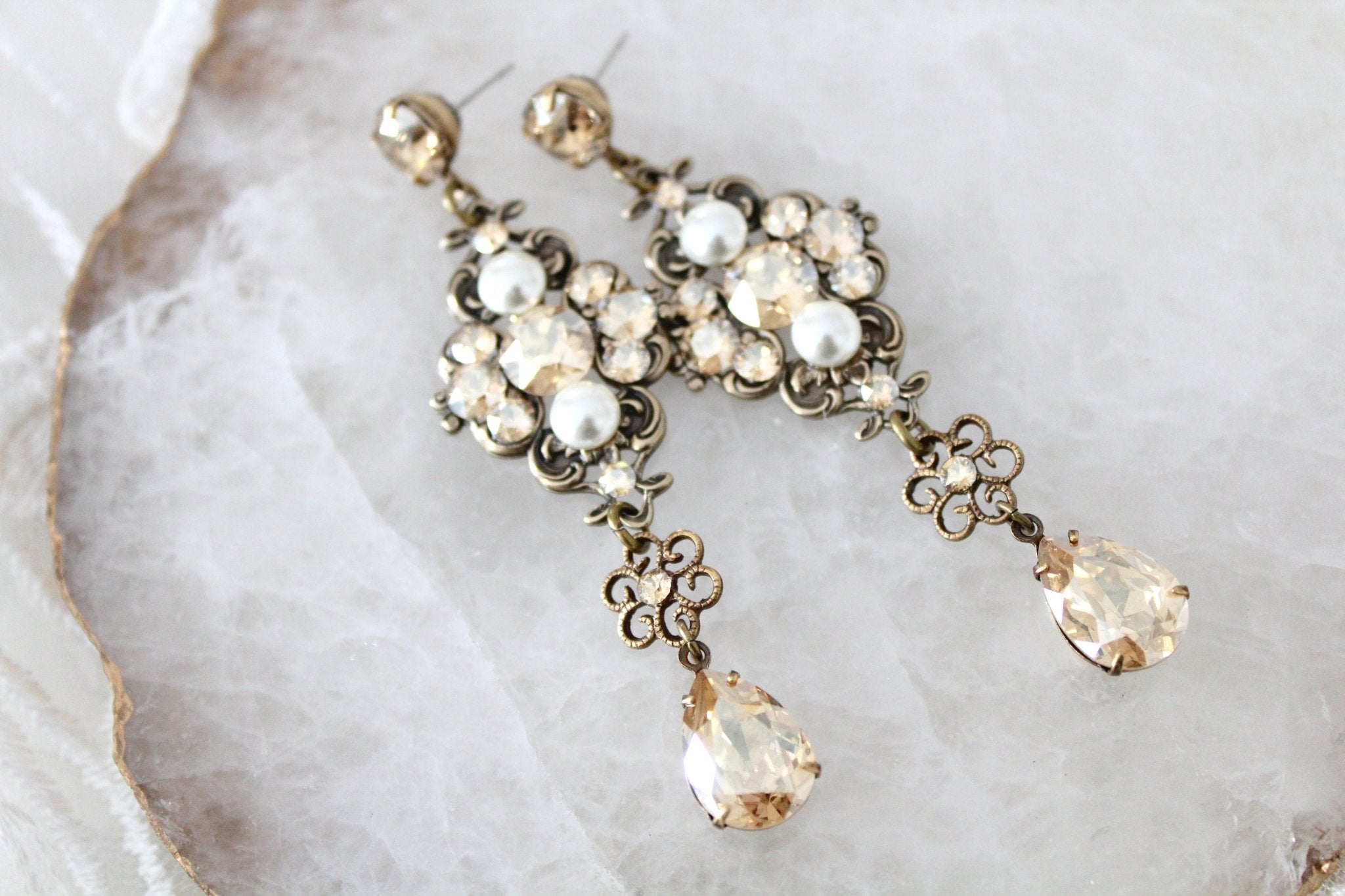 Antique gold crystal statement earrings - ASHLYN - Treasures by Agnes