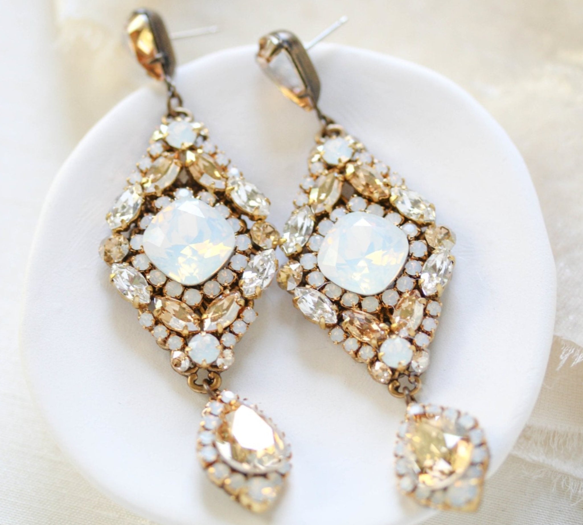Antique gold crystal statement wedding earrings - JUSTINE - Treasures by Agnes