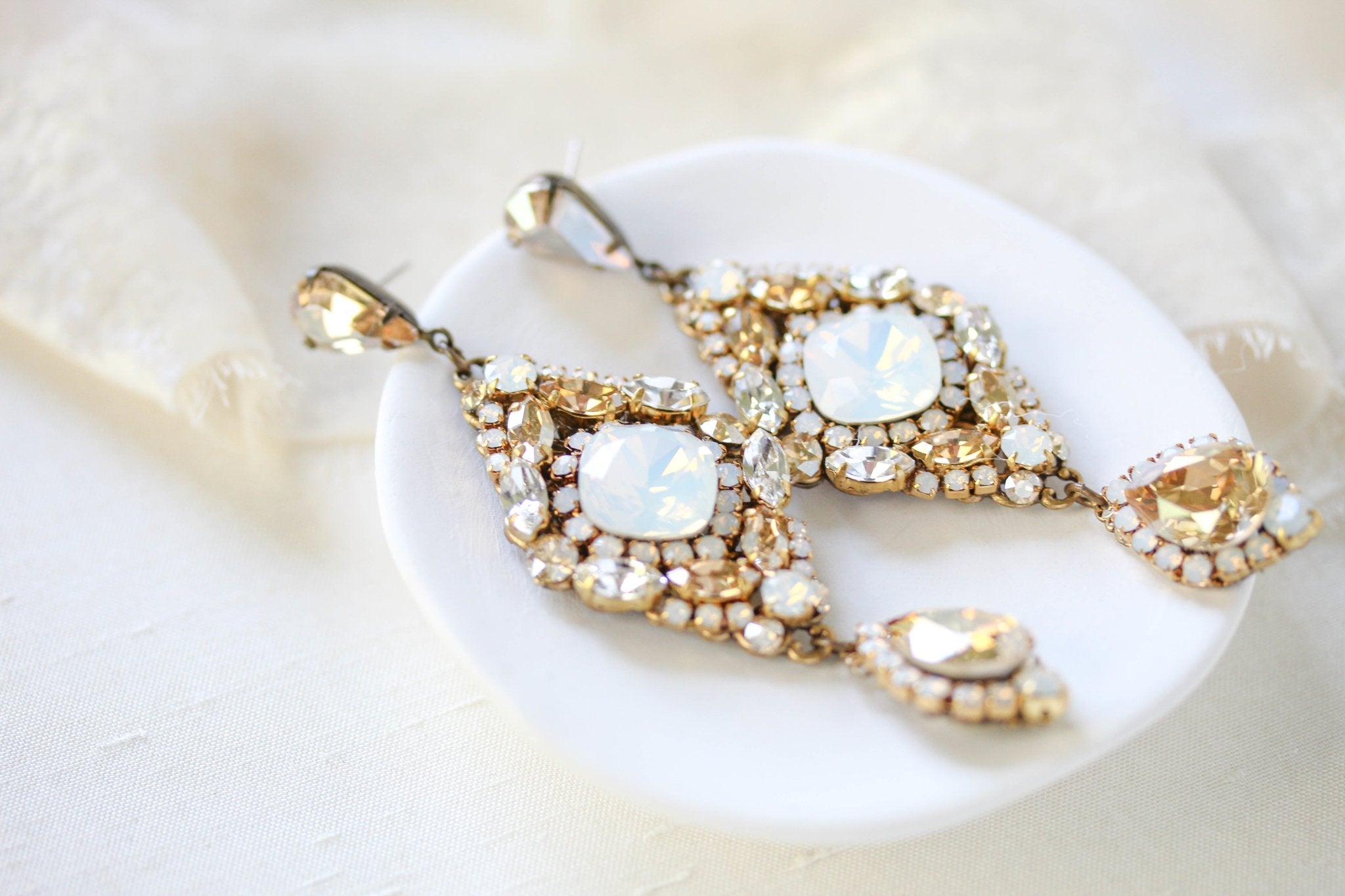 Antique gold crystal statement wedding earrings - JUSTINE - Treasures by Agnes