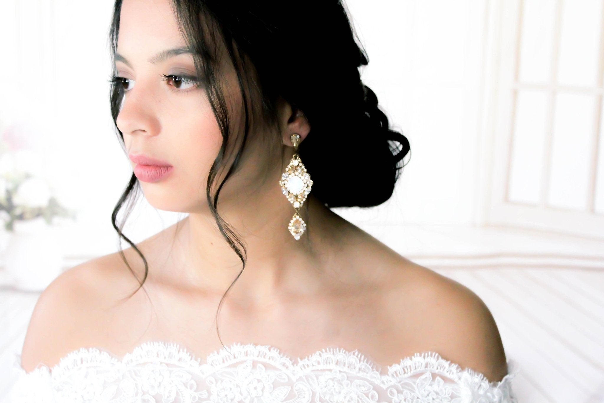 Antique gold crystal statement wedding earrings - JUSTINE - Treasures by Agnes