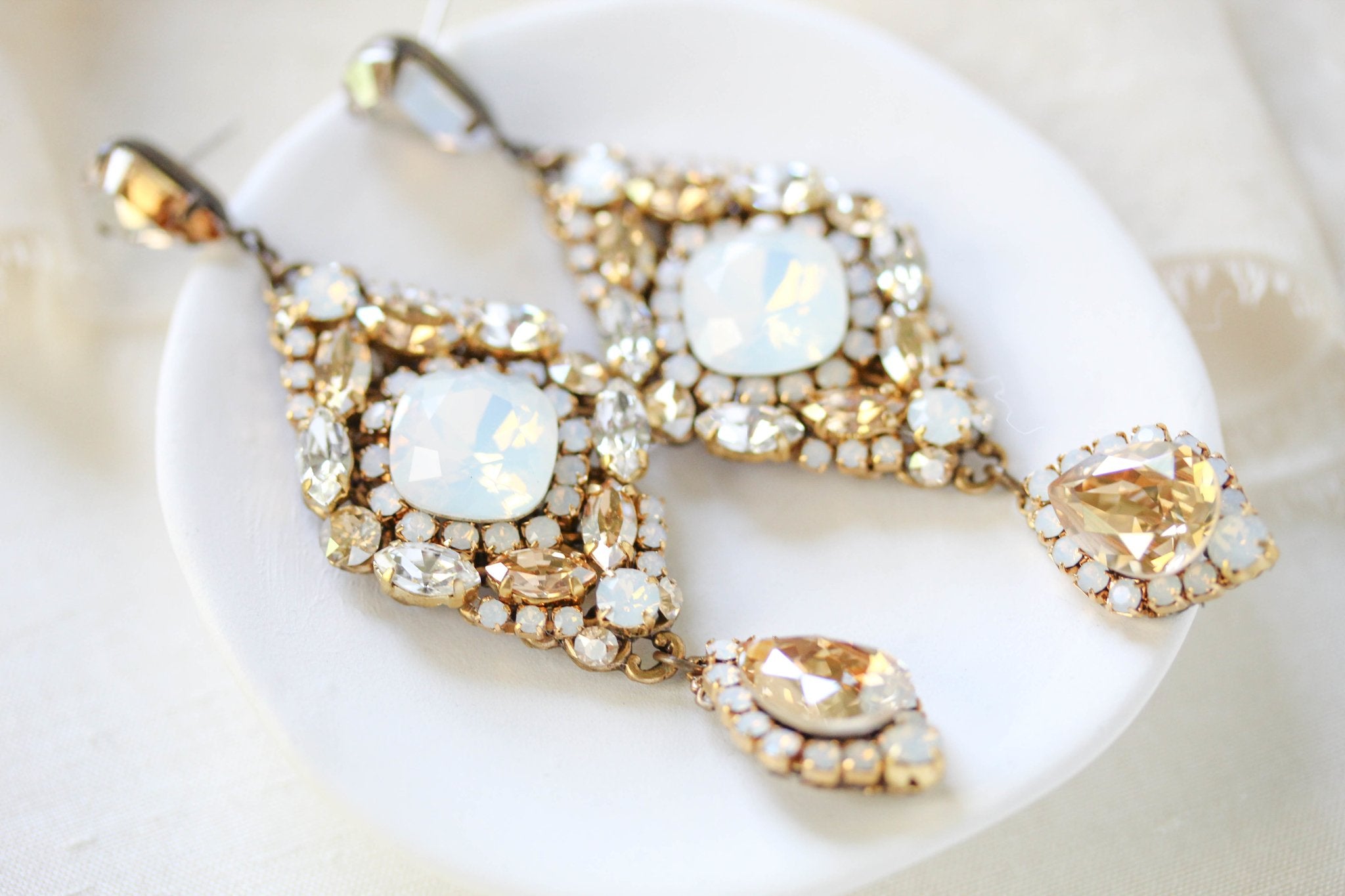 Antique gold crystal statement wedding earrings - JUSTINE - Treasures by Agnes